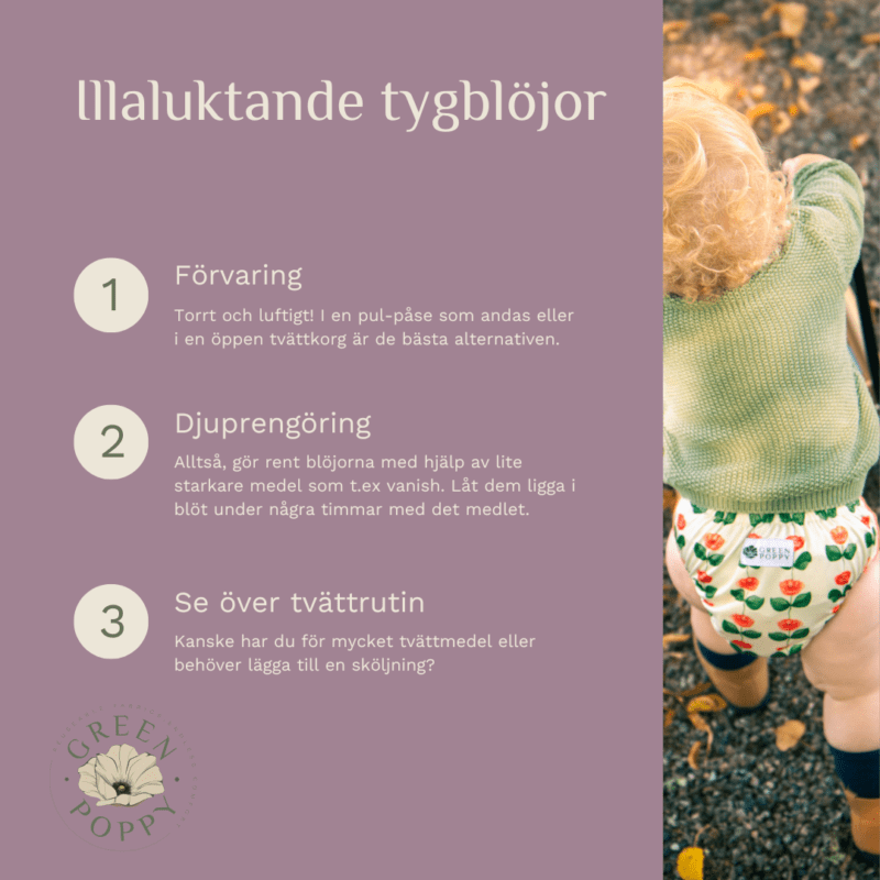 en bild som beskriver vad man gör om tygblöjorna luktar illa